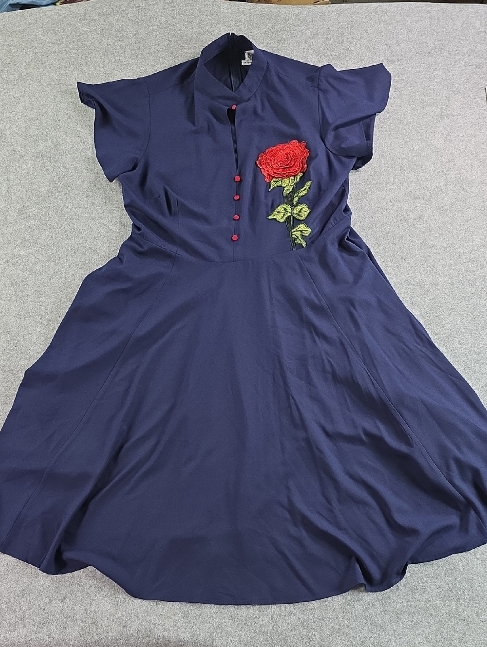 Unique Vintage Navy Midi Dress with Red Rose Embroidery 3X Pinup Retro Keyhole